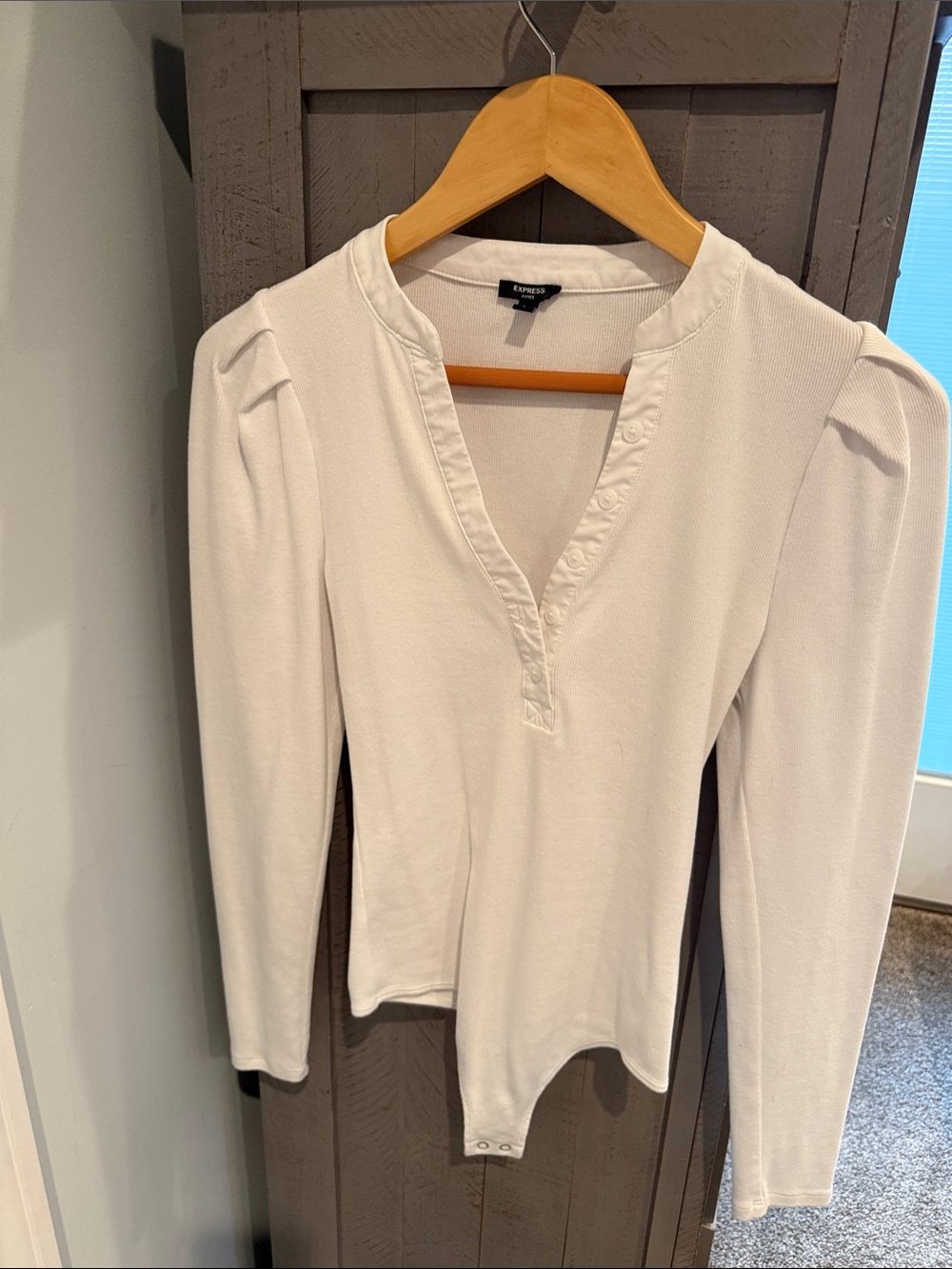 Express Cream Long-Sleeve Henley Bodysuit with Puff Shoulders